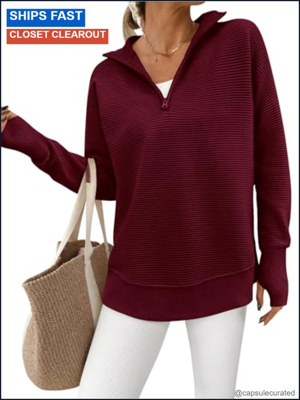 Womens Ribbed Knit Quarter Zip Pullover Sweater Loose Fit Thumb Hole